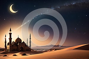 Crescent Moon Illuminating a Tranquil Desert Scene: Silhouette of a Mosque's Minaret Under a Starlit Sky