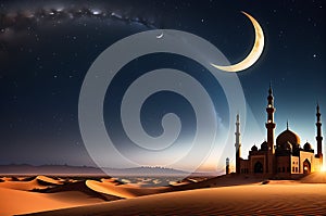 Crescent Moon Illuminating a Tranquil Desert Scene: Silhouette of a Mosque's Minaret Under a Starlit Sky