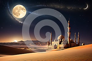 Crescent Moon Illuminating a Tranquil Desert Scene: Silhouette of a Mosque's Minaret Under a Starlit Sky