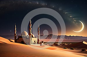 Crescent Moon Illuminating a Tranquil Desert Scene: Silhouette of a Mosque's Minaret Under a Starlit Sky