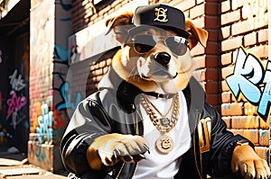 Hip-Hop Superstar Dog: Baseball Cap Angled to the Side, Dark Sunglasses Obscuring Eyes, Golden Chain photo