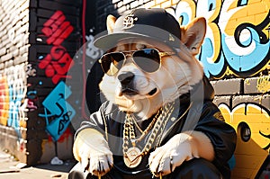 Hip-Hop Superstar Dog: Baseball Cap Angled to the Side, Dark Sunglasses Obscuring Eyes, Golden Chain photo