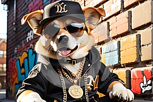 Hip-Hop Superstar Dog: Baseball Cap Angled to the Side, Dark Sunglasses Obscuring Eyes, Golden Chain photo