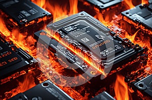 Lithium-Ion Batteries Engulfed in Flames - Crimson and Orange Fire Engulfing, Danger of Self-Heating photo