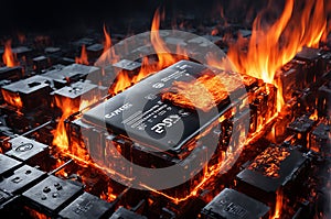 Lithium-Ion Batteries Engulfed in Flames - Crimson and Orange Fire Engulfing, Danger of Self-Heating photo