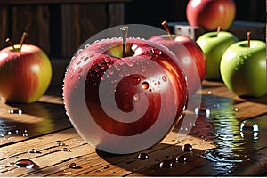 An apple in hyper-realistic photography, glistening with fresh water droplets and positioned prominently