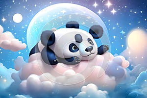 3d rendered illustration of a baby panda playfully floating among clouds and the moon in the sky photo