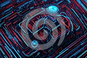 Technology-themed abstract background featuring blue and red lines. High-end tech wallpaper design showcasing dynamic lines and a photo