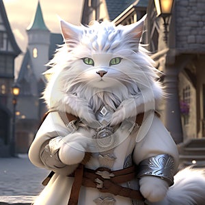 Furry Humanoid Cat Sorcerer in Traveler\'s Garb, Embracing Fantasy Ambience photo