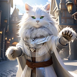 Furry Humanoid Cat Sorcerer in Traveler\'s Garb, Embracing Fantasy Ambience photo