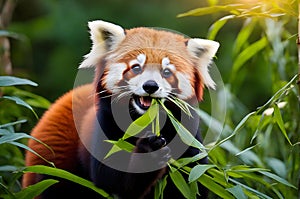 Mid-Yawn Marvel: Red Panda Perched on Sturdy Tree Branch