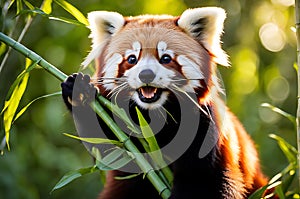 Mid-Yawn Marvel: Red Panda Perched on Sturdy Tree Branch