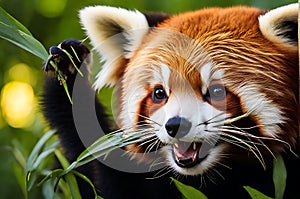 Mid-Yawn Marvel: Red Panda Perched on Sturdy Tree Branch