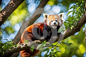 Mid-Yawn Marvel: Red Panda Perched on Sturdy Tree Branch