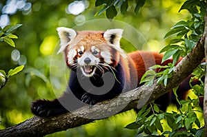 Mid-Yawn Marvel: Red Panda Perched on Sturdy Tree Branch