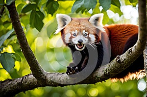 Mid-Yawn Marvel: Red Panda Perched on Sturdy Tree Branch