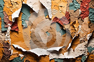 Colorful torn paper abstract background featuring layers of torn papers against a wall. Vibrant and dynamic design highlighting photo
