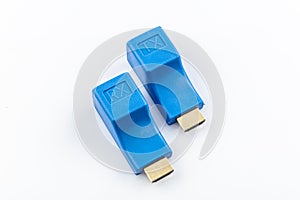 Image of HDMI extender to network lan internet adapter computer isolated on white background. HDMI Extender by cat 6/6E cable HDMI