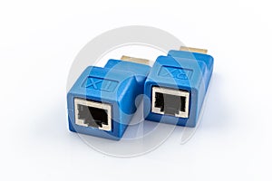 Image of HDMI extender to network lan internet adapter computer isolated on white background. HDMI Extender by cat 6/6E cable HDMI