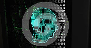 Image of head, binary coding and data processing over black background