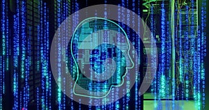 Image of head, binary coding and data processing over computer servers