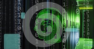 Image of head, binary coding data processing over computer servers