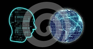 Image of head, binary coding and data processing over dark background