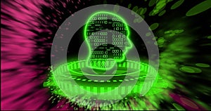 Image of head, binary coding and data processing over dark background