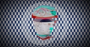 Image of head sculpture on checkered background