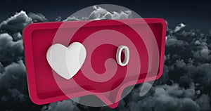 Image of heart icon with numbers on speech bubble over sky and clouds