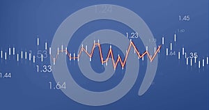 Image of heart rhythm over graph and changing numbers against blue background