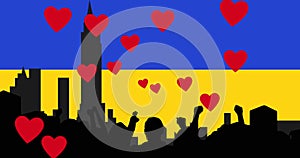 Image of hearts and cityuscape over flag of ukraine