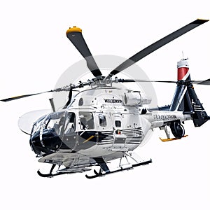 helicopter in flight against a white background.