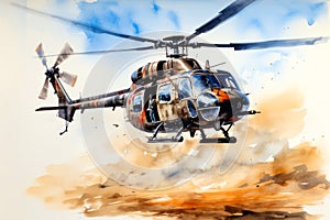 Image of helicopter flying over desert landscape with sky background. Generative AI