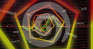 Image of hexagonal neon tunnel in seamless pattern against changing numbers and data processing