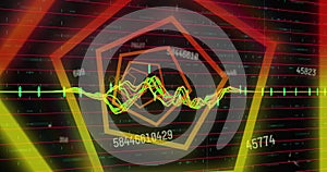 Image of hexagonal neon tunnel in seamless pattern against changing numbers and data processing
