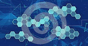 Image of hexagons over network of connections on blue background