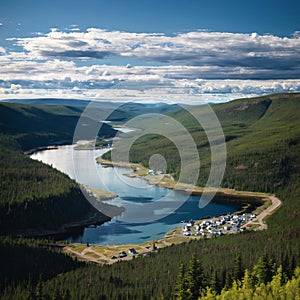 Hi-Res panorama landscape of remote mining towns Labrador City and Wabush in the boreal forest taiga of