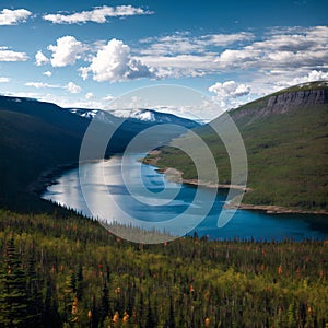 Hi-Res panorama landscape of remote mining towns Labrador City and Wabush in the boreal forest taiga of