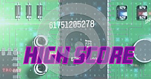 Image of high score text over data processing and computer circuit board