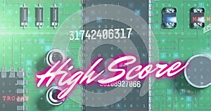 Image of high score text over data processing and computer circuit board