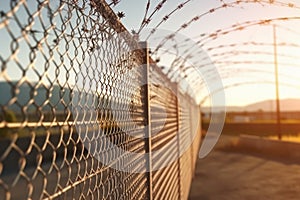 An image of a high-security prison fence or perimeter wall, symbolizing the separation between inmates and the outside world. photo
