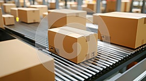 A close-up shot of multiple cardboard boxes smoothly moving along a conveyor belt in a warehouse fulfillment center. Generative photo