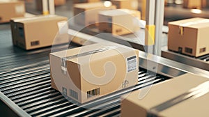 A close-up shot of multiple cardboard boxes smoothly moving along a conveyor belt in a warehouse fulfillment center. Generative photo