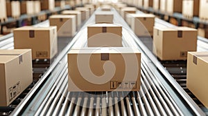 A close-up shot of multiple cardboard boxes smoothly moving along a conveyor belt in a warehouse fulfillment center. Generative photo