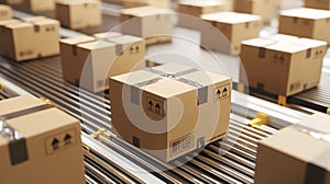 A close-up shot of multiple cardboard boxes smoothly moving along a conveyor belt in a warehouse fulfillment center. Generative photo