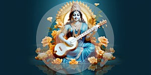 image of hindu goddess saraswati mata with her sitar