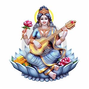 image of hindu goddess saraswati mata with her sitar on white background