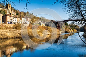 Image of the historic Ironbridge over the River Severn in the town of Ironbridge, Shropshire, UK