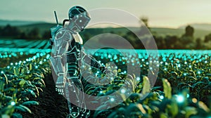 An image of a holographic farm robot helping farmers plant and tend to crops with precision and minimal impact on the photo